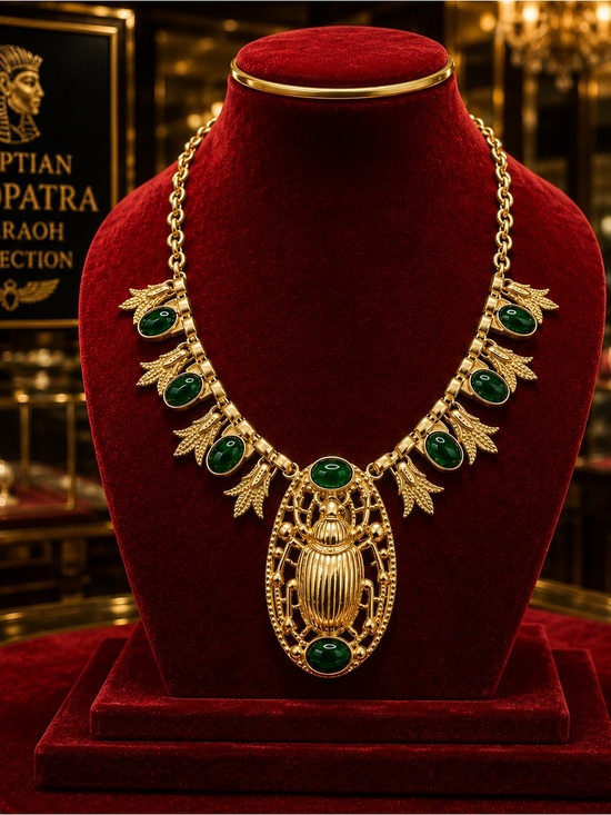 JTV Jewelry - 24k Gold over Bronze Egyptian Revival Large Scarab Lotus Necklace Genuine Onyx